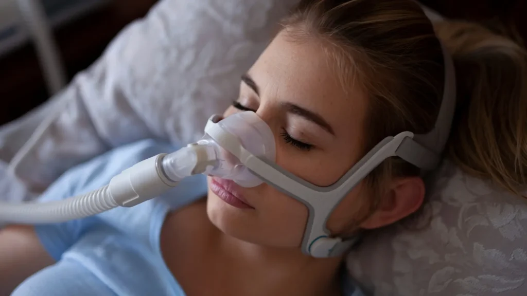 A woman laying in bed wearing an oxygen mask.