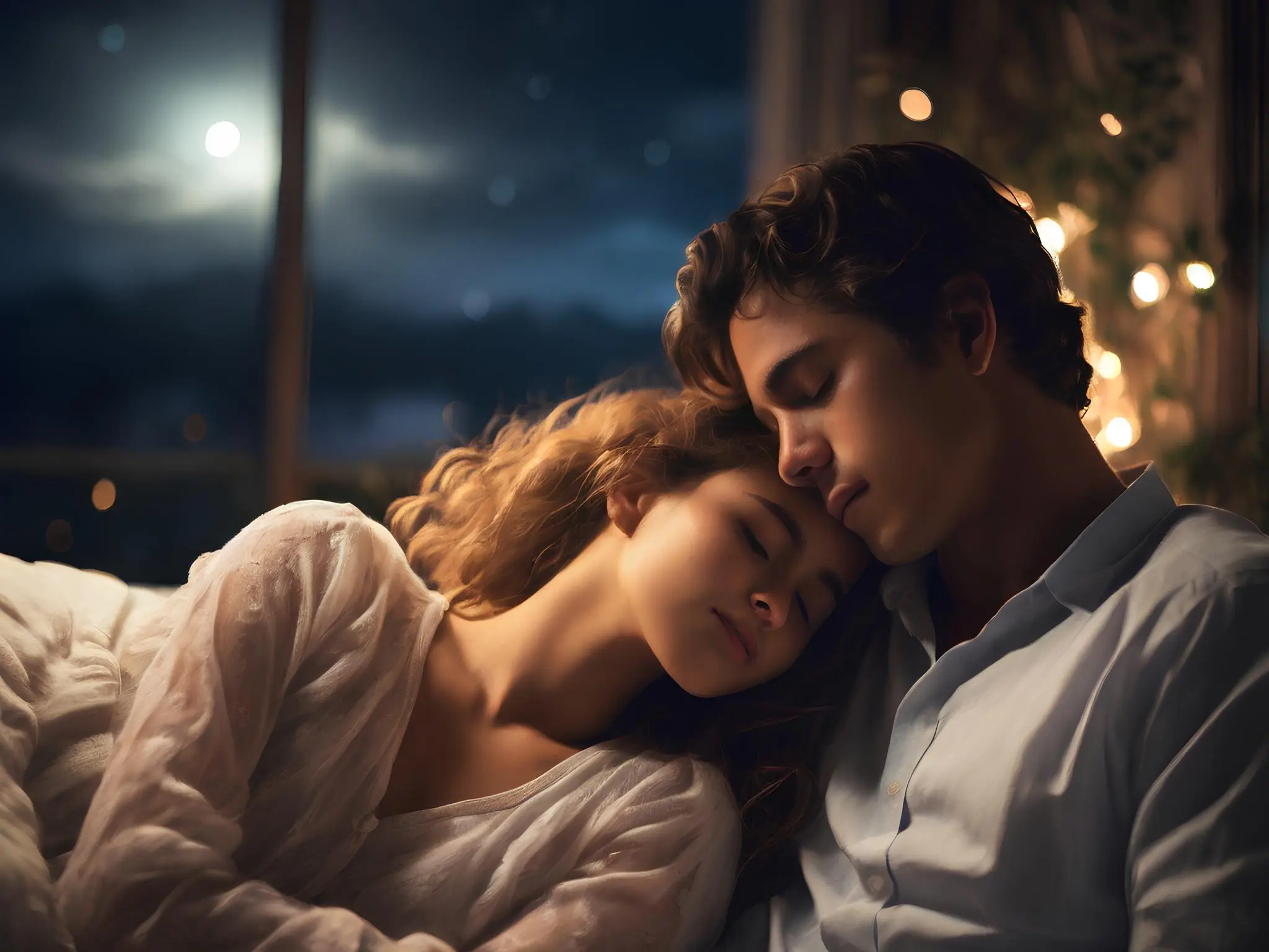 A young couple peacefully sleeping in bed at night, wrapped in cozy blankets.