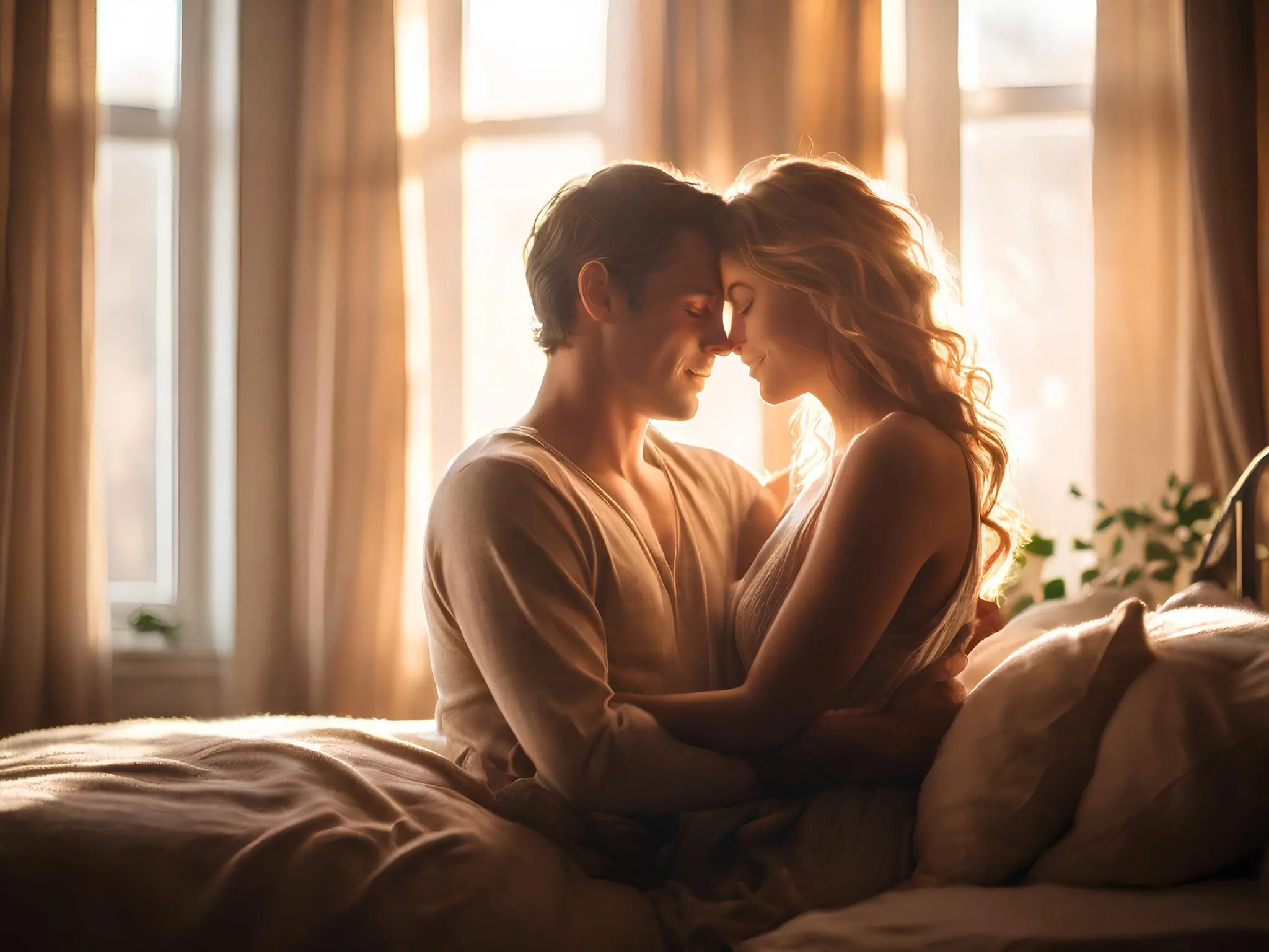 A couple sitting on a bed by a window, looking at each other lovingly.