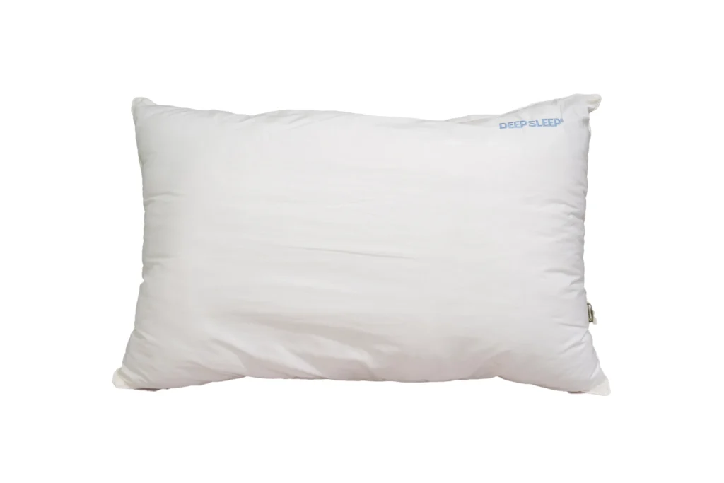 A Simmons DeepSleep pillow with a clean white design, showcasing its soft and plush appearance ideal for comfortable sleep.